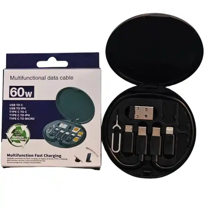 60W 5 in 1 Multi-Type Phone Micro USB Type Fast Charging Data Cable Set for Apple, Android, Type С Charging with Retrieve Card Pin, Round Storage Box